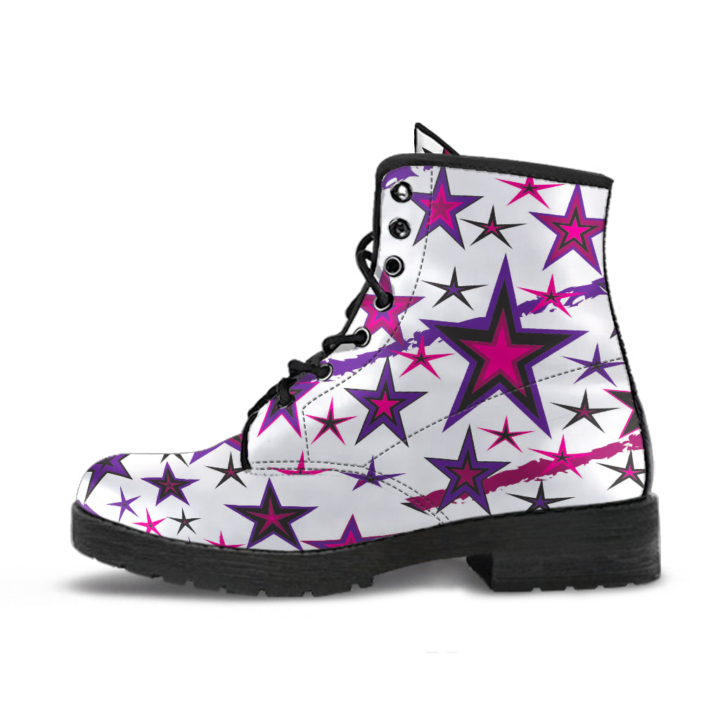 Rockstar Pinks, Purples & Black Stars on White Men's & Women's Vegan Leather Boots