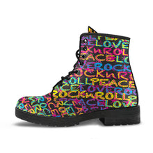Load image into Gallery viewer, Peace, Love &amp; Rock n Roll on Stars Men&#39;s &amp; Women&#39;s Vegan Leather Boots