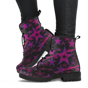 Rockstar Pinks, Purples & Black Stars on Black Men's & Women's Vegan Leather Boots