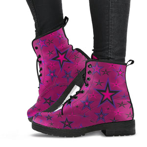 Rockstar Pinks, Purples & Black Stars on Dark Rose Men's & Women's Vegan Leather Boots