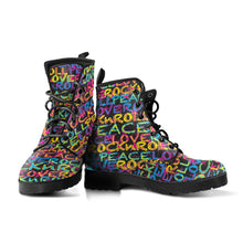 Load image into Gallery viewer, Peace, Love &amp; Rock n Roll on Stars Men&#39;s &amp; Women&#39;s Vegan Leather Boots
