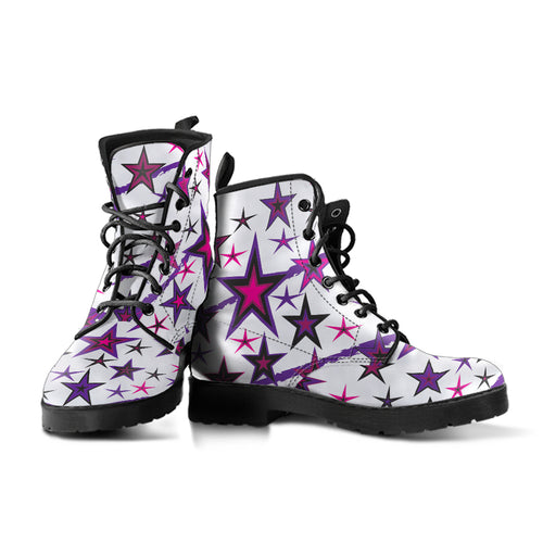 Rockstar Pinks, Purples & Black Stars on White Men's & Women's Vegan Leather Boots
