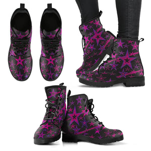 Rockstar Pinks, Purples & Black Stars on Black Men's & Women's Vegan Leather Boots