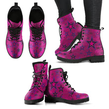 Load image into Gallery viewer, Rockstar Pinks, Purples &amp; Black Stars on Dark Rose Men&#39;s &amp; Women&#39;s Vegan Leather Boots