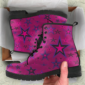 Rockstar Pinks, Purples & Black Stars on Dark Rose Men's & Women's Vegan Leather Boots