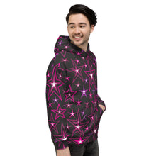 Load image into Gallery viewer, Rockstar Pinks, Purples, Black & White Stars on Black Unisex Hoodie