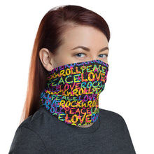 Load image into Gallery viewer, Peace, Love & Rock n Roll on Stars Unisex Neck Gaiter Face Mask