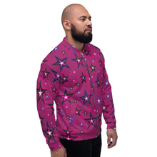 Load image into Gallery viewer, Rockstar Pinks, Purples, Black & White Stars on Dark Rose Unisex Bomber Jacket