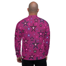 Load image into Gallery viewer, Rockstar Pinks, Purples, Black & White Stars on Dark Rose Unisex Bomber Jacket