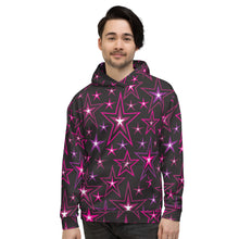 Load image into Gallery viewer, Rockstar Pinks, Purples, Black & White Stars on Black Unisex Hoodie