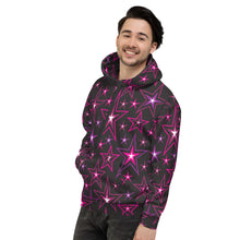 Load image into Gallery viewer, Rockstar Pinks, Purples, Black & White Stars on Black Unisex Hoodie