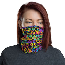 Load image into Gallery viewer, Peace, Love & Rock n Roll on Stars Unisex Neck Gaiter Face Mask