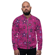 Load image into Gallery viewer, Rockstar Pinks, Purples, Black & White Stars on Dark Rose Unisex Bomber Jacket