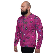 Load image into Gallery viewer, Rockstar Pinks, Purples, Black & White Stars on Dark Rose Unisex Bomber Jacket