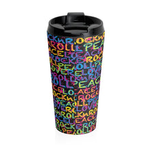 Load image into Gallery viewer, Peace, Love &amp; Rock n Roll on Stars Stainless Steel Travel Mug