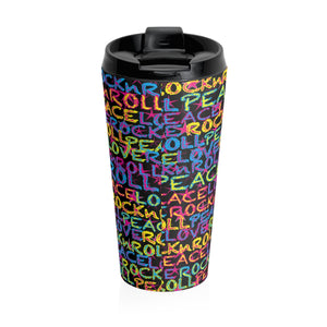 Peace, Love & Rock n Roll on Stars Stainless Steel Travel Mug