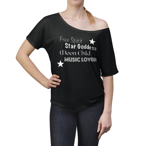 Free Spirit, Star Goddess, Moon Child, Music Love in Black w White, Women's Slouchy Off-Shoulder Top