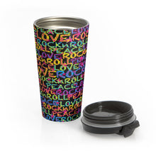 Load image into Gallery viewer, Peace, Love &amp; Rock n Roll on Stars Stainless Steel Travel Mug