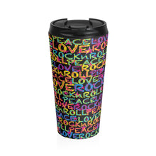 Load image into Gallery viewer, Peace, Love &amp; Rock n Roll on Stars Stainless Steel Travel Mug