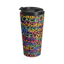 Load image into Gallery viewer, Peace, Love &amp; Rock n Roll on Stars Stainless Steel Travel Mug