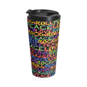 Peace, Love & Rock n Roll on Stars Stainless Steel Travel Mug