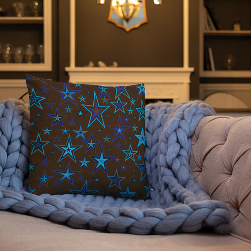 Earth & Sky Blues & Black Stars on Dark Brown Premium Decorative Throw Pillow