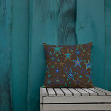 Load image into Gallery viewer, Earth &amp; Sky Blues, Greens, Browns &amp; Black Stars on Dark Brown Premium Decorative Throw Pillow