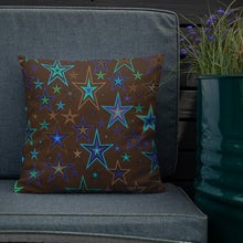 Load image into Gallery viewer, Earth &amp; Sky Blues, Greens, Browns &amp; Black Stars on Dark Brown Premium Decorative Throw Pillow