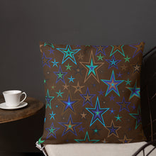 Load image into Gallery viewer, Earth &amp; Sky Blues, Greens, Browns &amp; Black Stars on Dark Brown Premium Decorative Throw Pillow