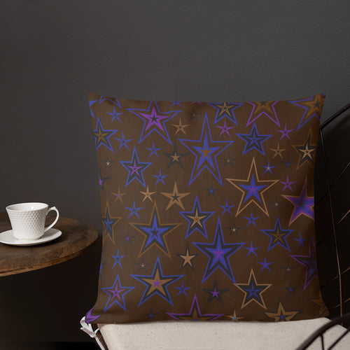 Earth & Sky Blues, Purples, Browns & Black Stars on Dark Brown Premium Decorative Throw Pillow