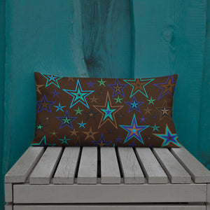 Earth & Sky Blues, Greens, Browns & Black Stars on Dark Brown Premium Decorative Throw Pillow