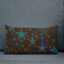 Load image into Gallery viewer, Earth &amp; Sky Blues, Greens, Browns &amp; Black Stars on Dark Brown Premium Decorative Throw Pillow