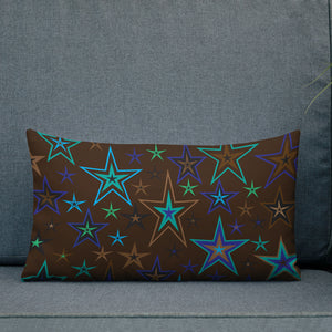 Earth & Sky Blues, Greens, Browns & Black Stars on Dark Brown Premium Decorative Throw Pillow