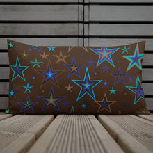 Load image into Gallery viewer, Earth &amp; Sky Blues, Greens, Browns &amp; Black Stars on Dark Brown Premium Decorative Throw Pillow