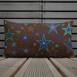 Earth & Sky Blues, Greens, Browns & Black Stars on Dark Brown Premium Decorative Throw Pillow