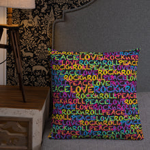 Load image into Gallery viewer, Peace, Love &amp; Rock n Roll on Stars Premium Decorative Throw Pillow