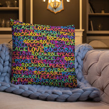 Load image into Gallery viewer, Peace, Love &amp; Rock n Roll on Stars Premium Decorative Throw Pillow