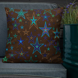 Earth & Sky Blues, Greens, Browns & Black Stars on Dark Brown Premium Decorative Throw Pillow