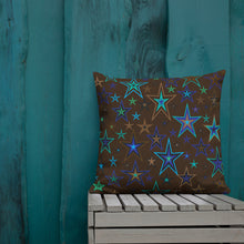 Load image into Gallery viewer, Earth &amp; Sky Blues, Greens, Browns &amp; Black Stars on Dark Brown Premium Decorative Throw Pillow