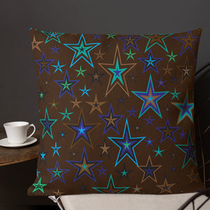 Earth & Sky Blues, Greens, Browns & Black Stars on Dark Brown Premium Decorative Throw Pillow