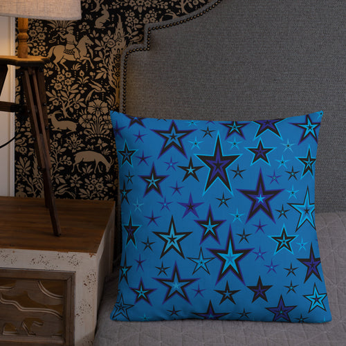 High vibe Sky Blues & Black Stars on Dusty Blue Premium Decorative Throw Pillow