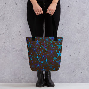 Earth & Sky Blues & Black Stars on Dark Brown Tote Bag