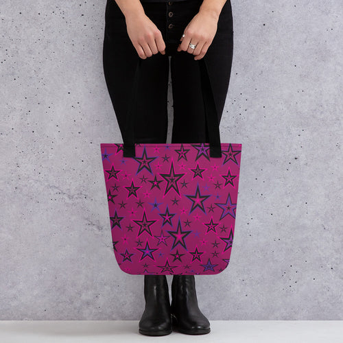 Rockstar Pinks, Purples & Black Stars on Dark Rose Tote Bag