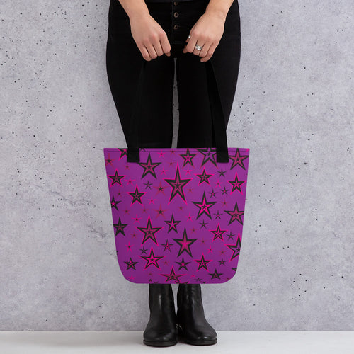 Rockstar Pinks, Purples & Black Stars on Purple Tote Bag