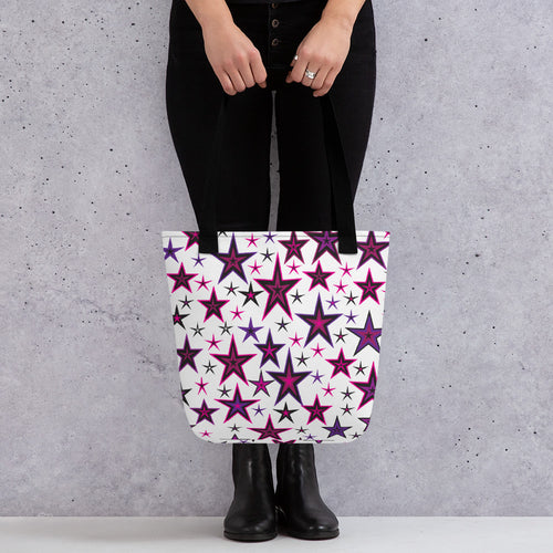 Rockstar Pinks, Purples & Black Stars on White Tote Bag