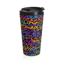 Load image into Gallery viewer, Peace, Love &amp; Rock n Roll on Stars Stainless Steel Travel Mug