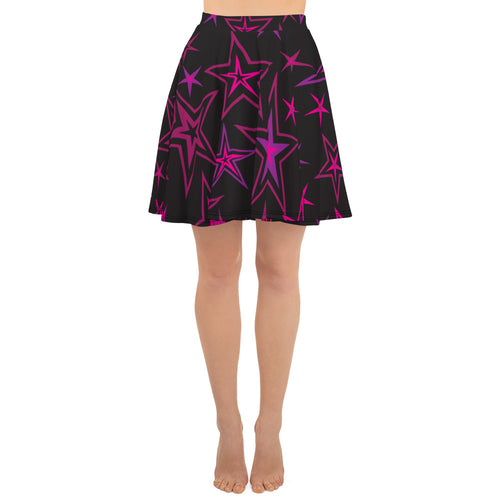 Rockstar Pinks, Purples & Black Stars on Black Women's Skater Skirt