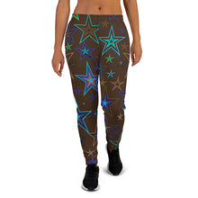 Load image into Gallery viewer, Earth &amp; Sky Blues, Greens, Browns &amp; Black Stars on Dark Brown Women&#39;s Joggers