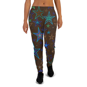 Earth & Sky Blues, Greens, Browns & Black Stars on Dark Brown Women's Joggers