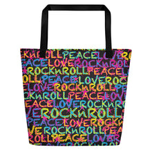 Load image into Gallery viewer, Peace, Love &amp; Rock n Roll on Stars Beach Bag